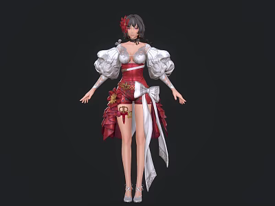 Game And Movie Character In Red White Costume With Puffed Sleeves Corset Skirt Ribbons 3d model