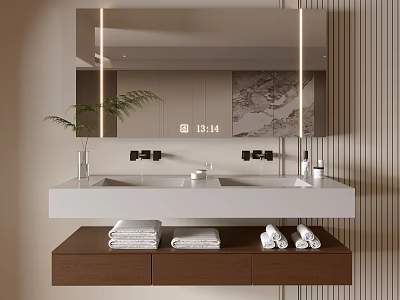 Modern Bathroom Vanity Cabinet With Double Sink Mirror And Folded Towels 3d model