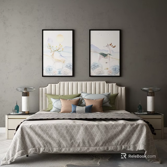 Elegant Double Bed with Beige Headboard Deer Paintings Colorful Pillows and Bedside Lamps 3d model 