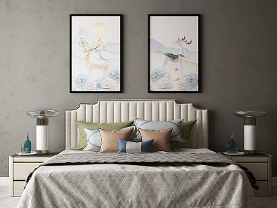 Elegant Double Bed with Beige Headboard Deer Paintings Colorful Pillows and Bedside Lamps 3d model