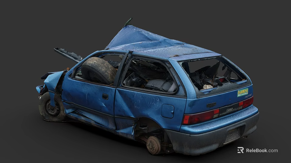 Blue Damaged Car After Traffic Accident With Open Hood Broken Windows And Body Dents 3d model 