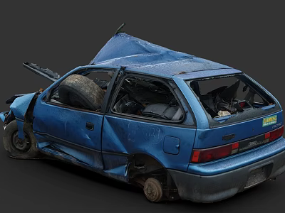 Blue Damaged Car After Traffic Accident With Open Hood Broken Windows And Body Dents 3d model