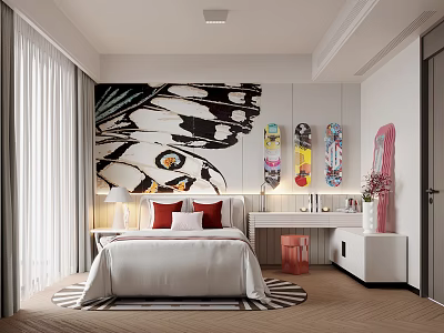Modern Kids Bedroom With Butterfly Mural And Skateboards 3d model