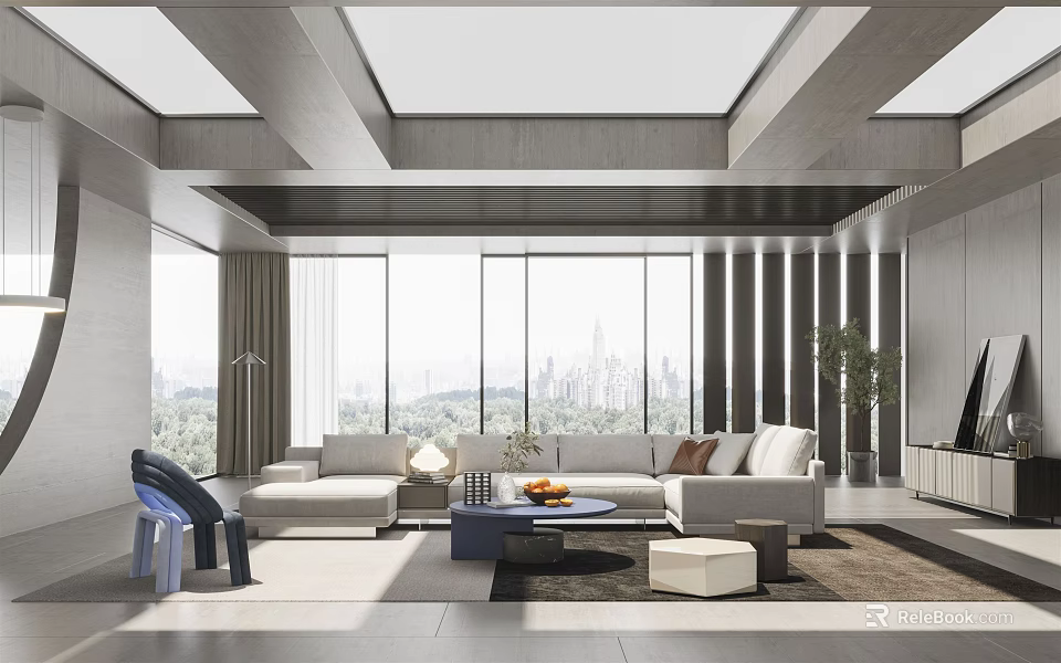 Modern Living Room With Large Windows City View Sofa And Coffee Table Rug 3d model 