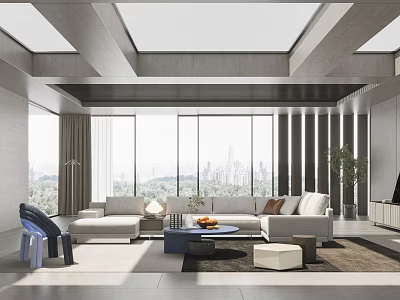 Modern Living Room With Large Windows City View Sofa And Coffee Table Rug 3d model