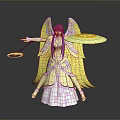 Fantasy Angelic Character With Purple Hair Yellow Wings Elegant Outfit And Staff