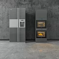 Modern Kitchen Appliances Featuring Stainless Steel Double Door Refrigerator And Black Double Wall Oven