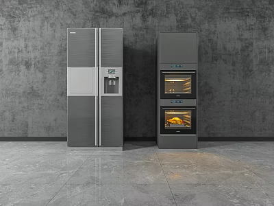 Modern Kitchen Appliances Featuring Stainless Steel Double Door Refrigerator And Black Double Wall Oven 3d model