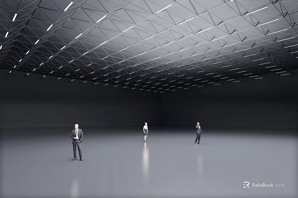 Technology Exhibition Hall With Geometric Ceiling Lighting And Sleek Floor Design 3d model 