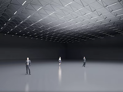 Technology Exhibition Hall With Geometric Ceiling Lighting And Sleek Floor Design 3d model