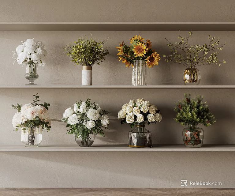 Decorative Ornament Arrangement With Glass Vases And Mixed Flower Bouquets On Shelf 3d model 