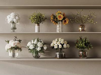 Decorative Ornament Arrangement With Glass Vases And Mixed Flower Bouquets On Shelf 3d model
