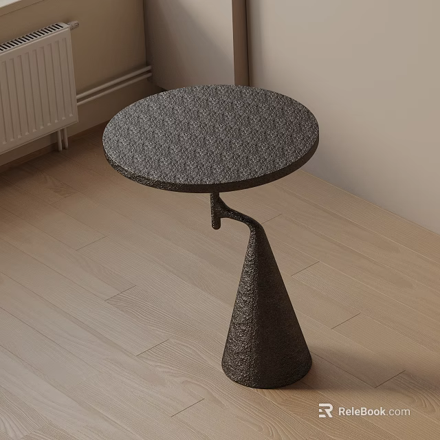 Round Dark Colored Bedside Table With Textured Surface And Conical Base On Wooden Floor 3d model