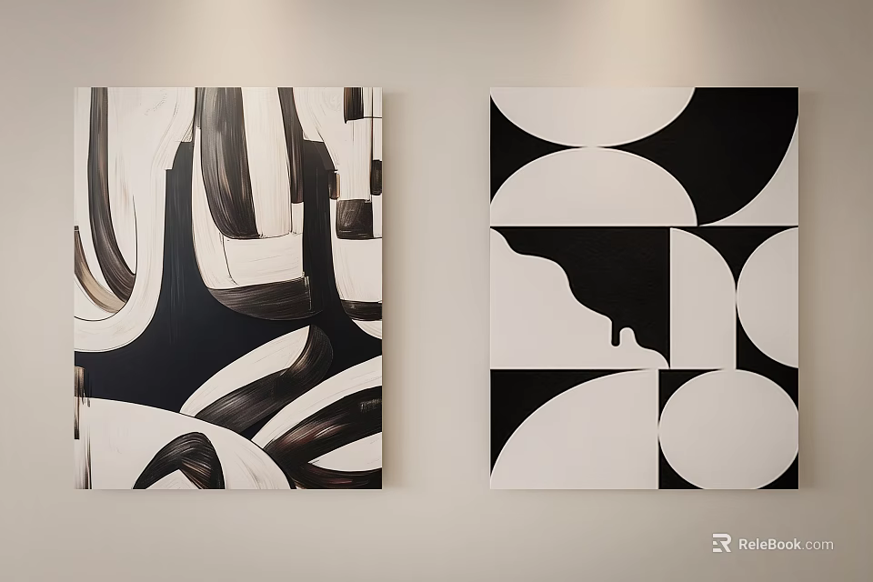 Minimalist Black And White Abstract Paintings With Geometric Shapes And Curved Lines As Wall Decor 3d model 