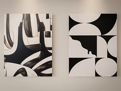 Minimalist Black And White Abstract Paintings With Geometric Shapes And Curved Lines As Wall Decor 3d model