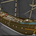 Historical Sailing Warship Model With Tall Masts Rigging Orange Lifebuoys And Brown White Hull