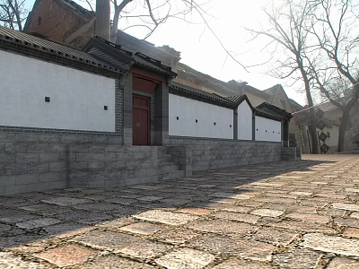 Traditional Ancient Architecture With White Walls Grey Tiled Roofs And Stone Paved Courtyard 3d model