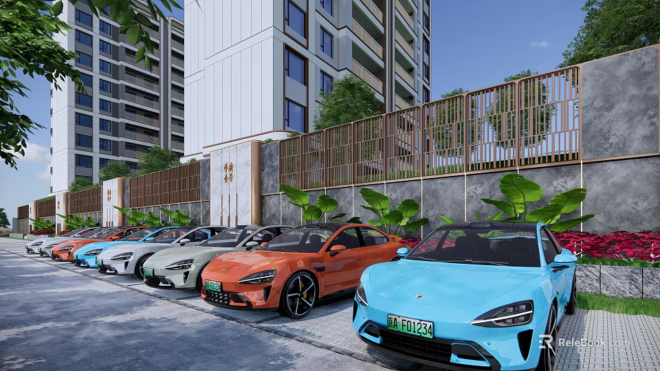 Colorful Electric Cars Parked Alongside Modern High Rise Buildings With Green Plants 3d model 