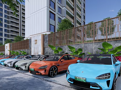 Colorful Electric Cars Parked Alongside Modern High Rise Buildings With Green Plants 3d model
