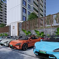 Colorful Electric Cars Parked Alongside Modern High Rise Buildings With Green Plants