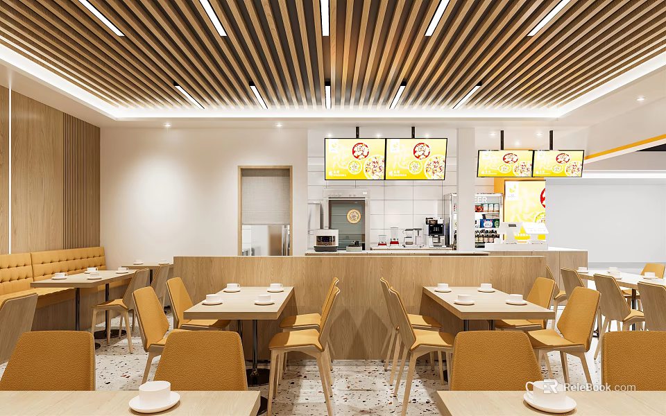 Modern Restaurant Interior With Wooden Ceiling Dining Tables Chairs And Hanging Lights 3d model 