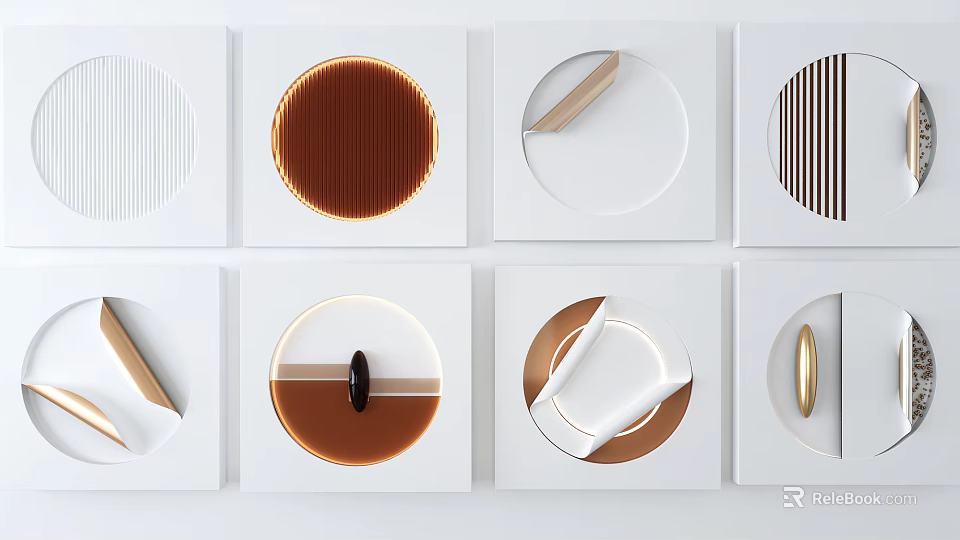 Modern Geometric Wall Decor With Different Circular Abstract Patterns And White Frames Gold Brown Accents 3d model