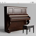 Exquisite Dark Wooden Upright Piano Musical Instrument With Bench And White Cushion