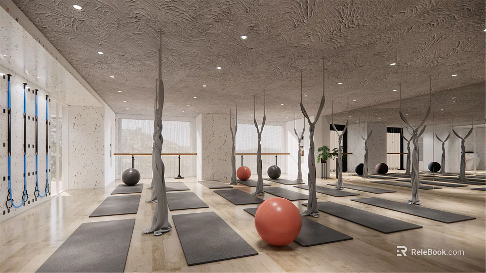 Spacious Yoga Fitness Studio With Aerial Hammocks Mats And Exercise Balls 3d model 