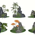 Decorative Rockery Stones With Ferns Small Trees And Orange Flowers