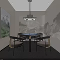 Hotel Mahjong Room With Round Table Comfortable Chairs Pendant Light And Mountain Pattern Walls 3d model