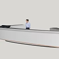 Modern White Curved Reception Desk With Digital Display And Professional Receptionist