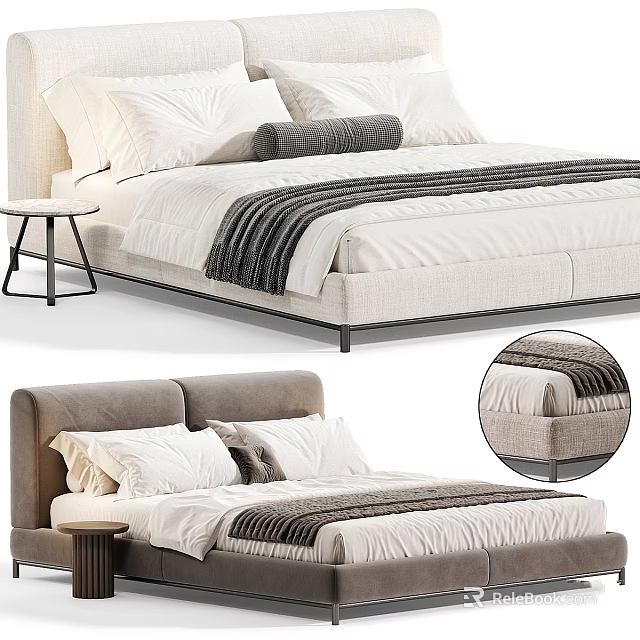 Modern Double Bed With Upholstered Headboard Grey Blanket White Sheets And Side Table 3d model 