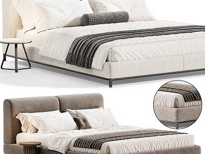 Modern Double Bed With Upholstered Headboard Grey Blanket White Sheets And Side Table 3d model