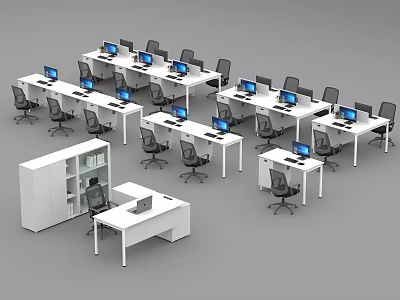 Modern Office Space With Multiple Office Desks Computers Chairs And Storage Cabinets 3d model