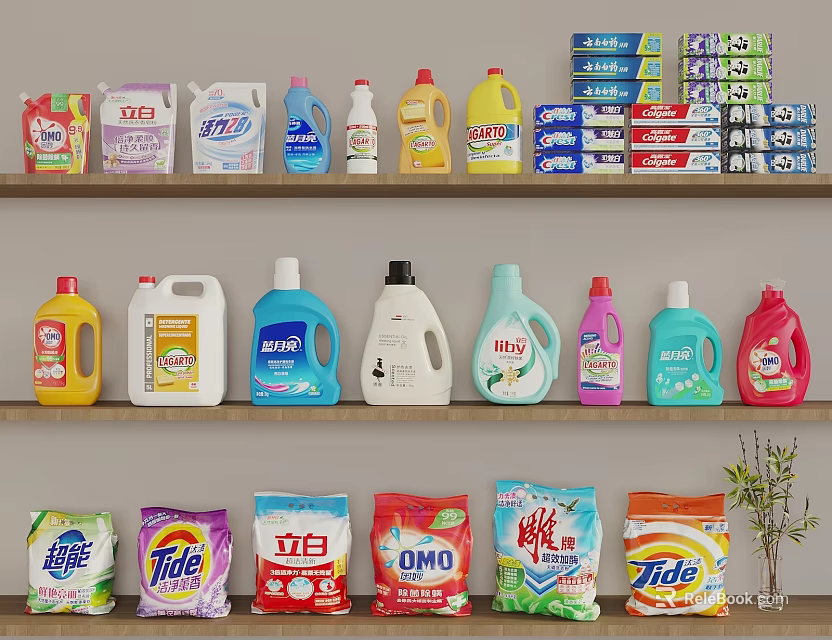Household Laundry Cleaning Supplies Various Brands Detergent Bottles Soap Bars And Washing Powder On Shelves 3d model 