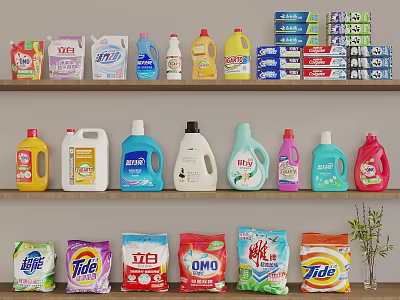 Household Laundry Cleaning Supplies Various Brands Detergent Bottles Soap Bars And Washing Powder On Shelves 3d model