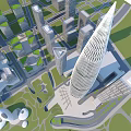 Modern Office Building with Unique Tower Design Surrounded by Skyscrapers Green Lawn and Water Reflection