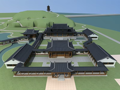 Ancient Chinese Architecture Courtyard With Traditional Roofs Green Landscape Water And Distant Tower 3d model