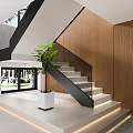 Modern Staircase Design With Wooden Walls Glass Railing Step Lighting And Green Plant