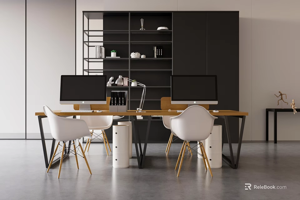 Modern Office Workspace With Wooden Desk White Chairs Computer Monitors Filing Cabinets And Bookshelf 3d model 