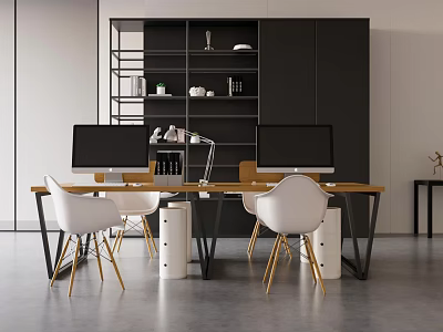 Modern Office Workspace With Wooden Desk White Chairs Computer Monitors Filing Cabinets And Bookshelf 3d model