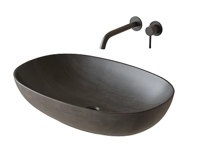 Black Oval Shaped Wash Basin With Wall Mounted Faucet And Control Knob In Modern Design 3d model