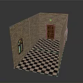 Vintage Room Interior With Brick Walls Wooden Door Arched Window And Checkered Floor
