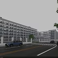 Modern School Building Multi Storey White Exterior With Trees Road And Vehicles Under Blue Sky