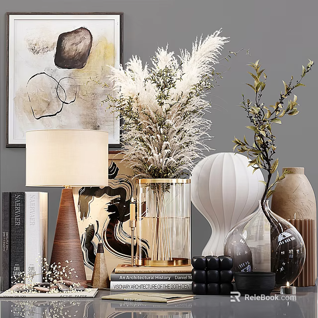 Modern Decorative Ornament Combination With Vases Dried Flowers Green Plants And Lamp 3d model 