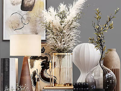 Modern Decorative Ornament Combination With Vases Dried Flowers Green Plants And Lamp 3d model