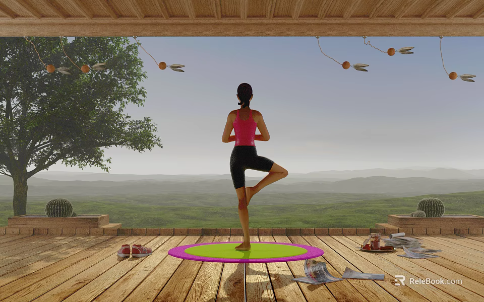 Woman Doing Yoga On Wooden Terrace With Mountain View And Green Pink Mat 3d model 