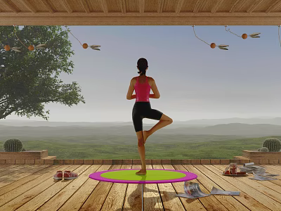 Woman Doing Yoga On Wooden Terrace With Mountain View And Green Pink Mat 3d model