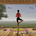 Woman Doing Yoga On Wooden Terrace With Mountain View And Green Pink Mat