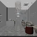 Modern Beauty Salon Interior With White Reception Counter Red Chairs And Chandelier